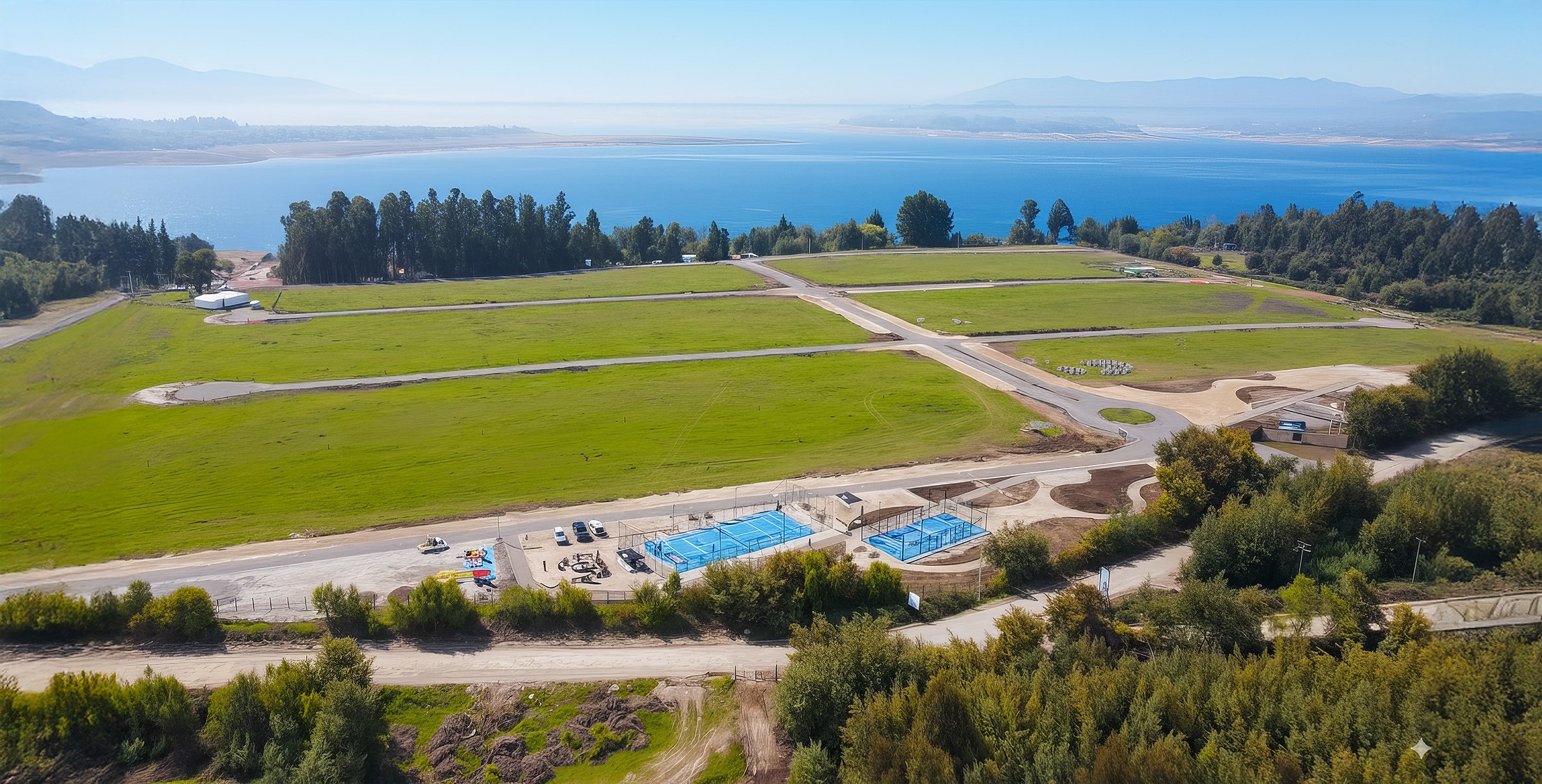 Vista aérea del desarrollo con canchas de paddle y lotes